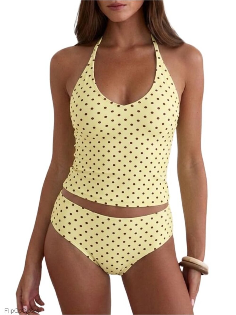 Women's Halter Tankini Swimsuit Polka Dot Tummy Control Two Piece Set